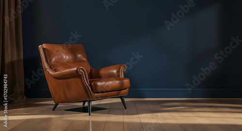 Brown Leather Armchair in Modern Interior, Home Decor, Furniture Design