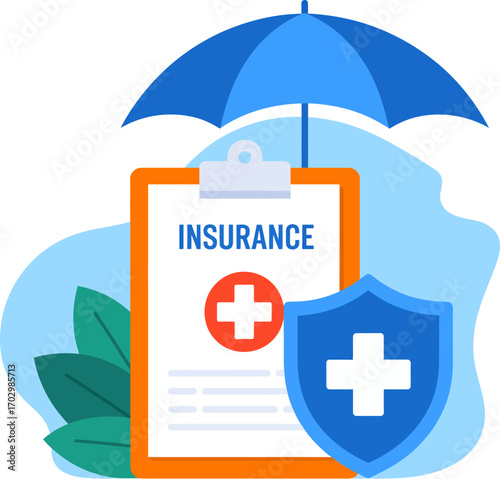 Vector art of insurance document under umbrella with medical shield