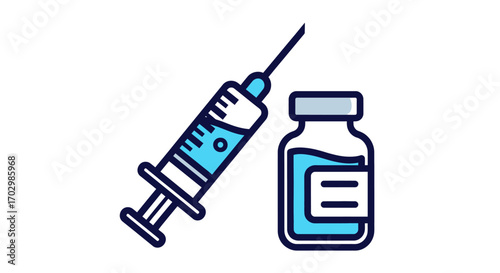Vector Illustration of Syringe and Vaccine Vial with Blue Liquid for Medical and Public Health Use