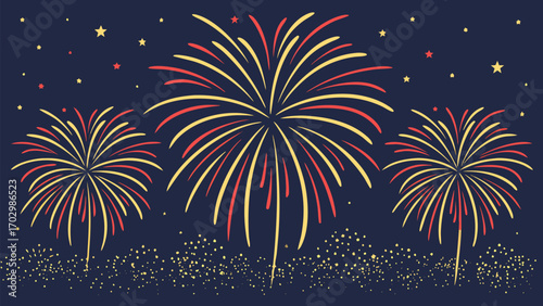 Golden and red fireworks burst into night sky amidst scattered starlight and glittering ground