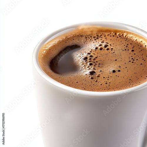 Close-Up of Freshly Brewed Coffee with Rich Foam and Bubbles on the Surface in a White Cup