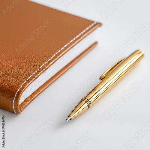 Elegant Brown Notebook and Golden Pen on White Background for Business and Creative Writing Needs