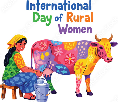 Vector illustration of a woman milking a cow for International Day of Rural Women