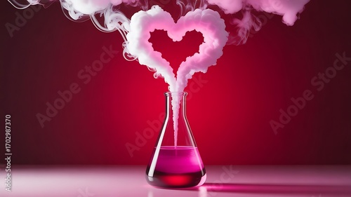 Love potion: Pink smoke forms a heart shape from laboratory beaker on red backdrop