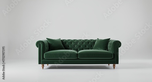 Dark Green Velvet Chesterfield Sofa, Two Seater, Button Tufted, Wooden Legs, Interior Design, Furniture Photography