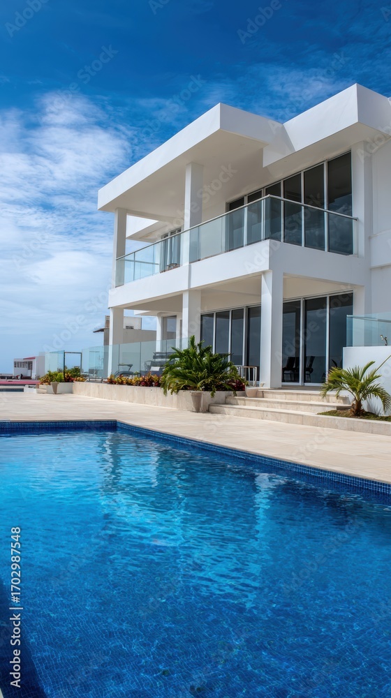 Modern luxury villa with a sparkling pool, surrounded by lush greenery and a clear blue sky Modern luxury villa with a sparkling pool, surrounded by lush greenery and a clear blue sky