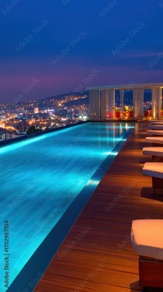 Fototapeta premium Luxurious rooftop infinity pool at twilight overlooking a vibrant city skyline with glowing lights