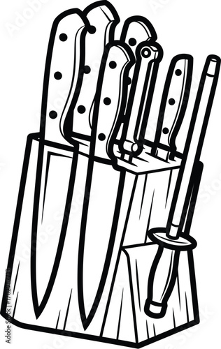 Vector art of a hand-drawn illustration of a knife with various knives and a sharpening steel, showcasing kitchen tools and culinary equipment
