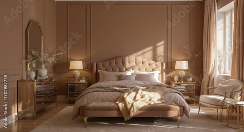 Elegant Bedroom Interior Design, Luxury Furniture, Modern Bedroom Decor, Soft Neutral Tones, Gold Accents, Comfortable Bedding, Stylish Nightstands, Master Bedroom Suite, Home Decor Inspiration