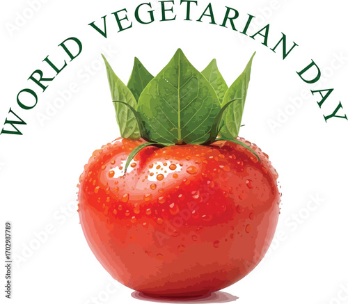 Vector art of a ripe tomato wearing a crown of green leaves, celebrating World Vegetarian Day 