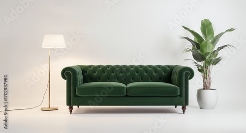Elegant Green Velvet Sofa in Modern Interior Design with Floor Lamp and Plant