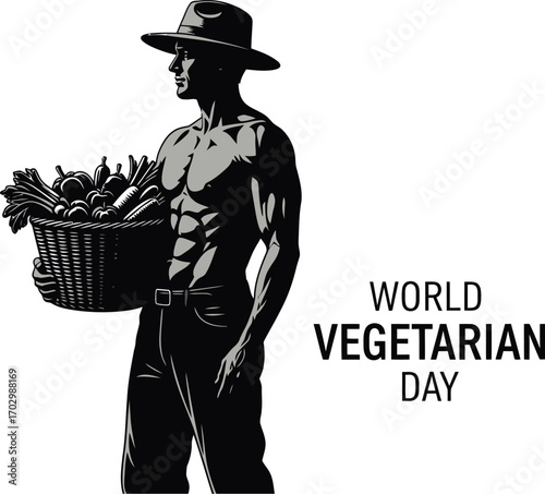 Vector art of a muscular man in a hat carrying a basket of vegetables for World Vegetarian Day, promoting healthy eating and a plant-based lifestyle