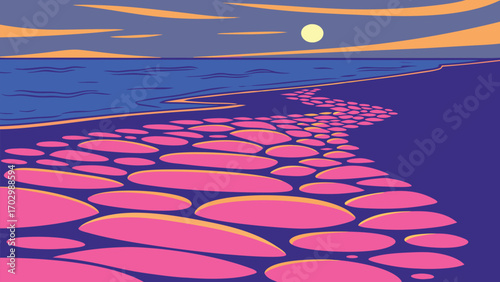 Vivid pink pebble path leads toward blue ocean at twilight under soft moon glow