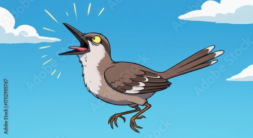 Cartoon Mockingbird Singing Loudly in the Sky with Sound Waves Illustration