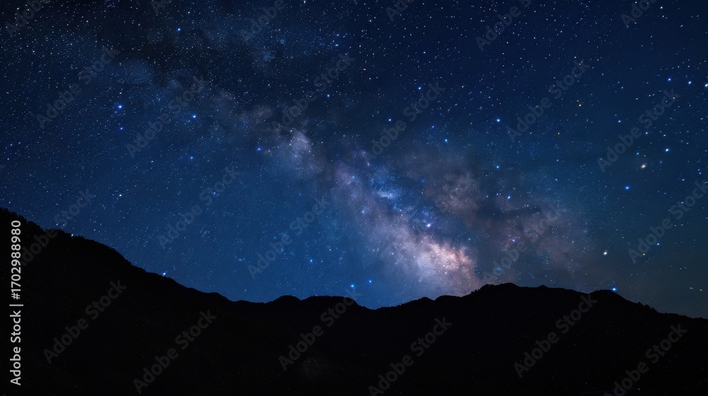 Fototapeta premium Starry Night Sky over Mountains: Abstract Illustration of Deep Space, Galaxies, Nebulas & Planets