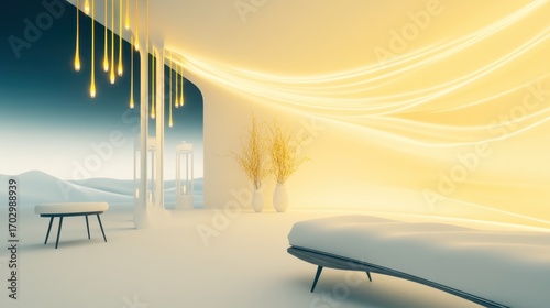 Modern minimalist bedroom interior with elegant lighting and soothing color scheme for relaxation and comfort
