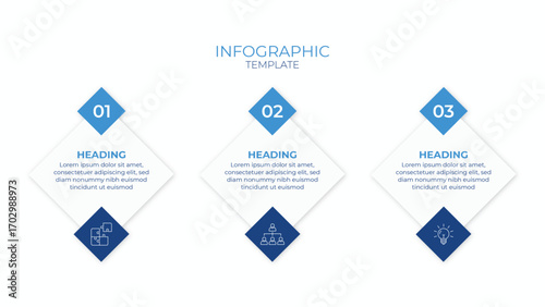 Modern 3-step infographic template with diamond shapes, blue icons, and minimal layout. Perfect for workflow, process diagrams, business, and presentations.