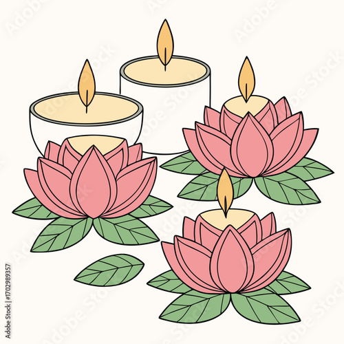 Glowing candles surrounded by lovely lotus blossoms radiate peace against a transparent backdrop