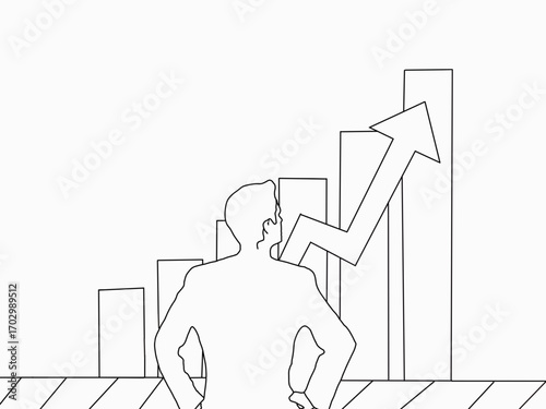 Businessman Looking at Growing Bar Chart with Upward Arrow, hand drawn Line Art Vector Illustration
