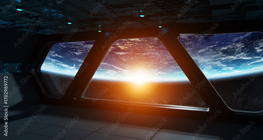 Obraz premium Spaceship futuristic interior with view on planet Earth
