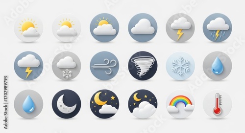 Collection of weather forecast symbols with stylish 3D rendering effect