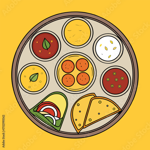 The Thali plate showcases various Indian food elements on a bright yellow background
