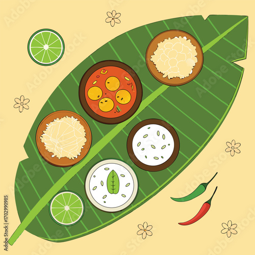 Cartoon illustration shows various food items arranged beautifully on a banana leaf background