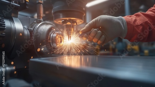 Close-Up View of CNC Machine Tool Cutting Metal with Sparks in Industrial Workshop Environment