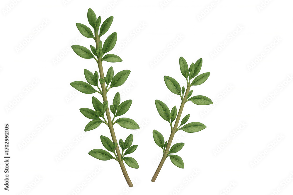 Fototapeta premium Thyme herb sprigs displaying delicate green leaves, showcasing botanical detail against transparent backdrop, ideal for culinary and design applications