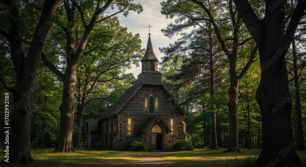 Naklejka premium Secluded chapel nestled amidst lush greenery and towering trees