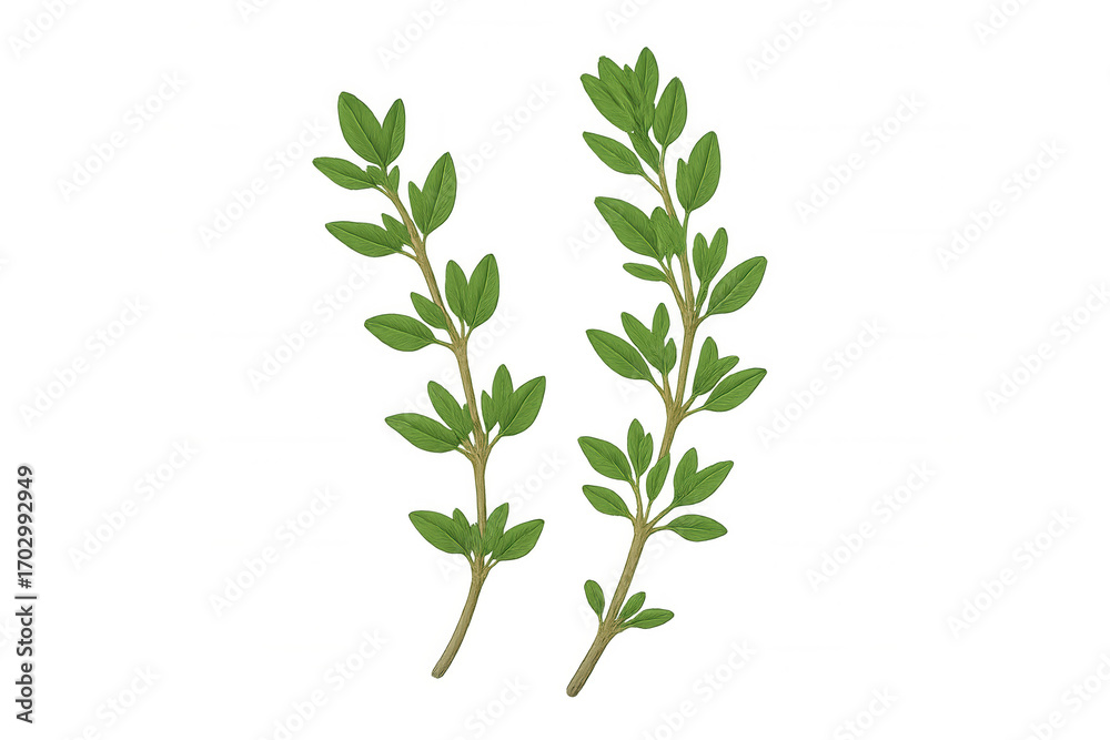Naklejka premium Two sprigs of fresh thyme with small green leaves are isolated on a transparent background, ready to be used in food photography or design projects
