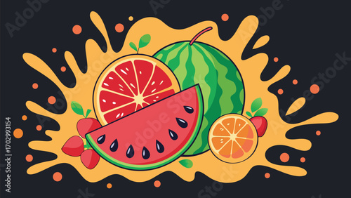 Colorful cartoon displays various fresh fruit pieces including watermelon, orange, grapefruit, and strawberry