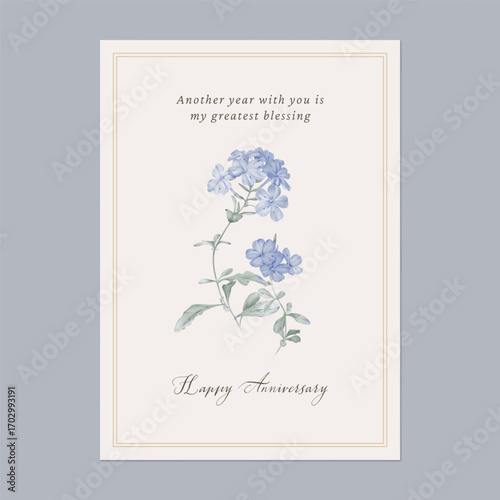 Anniversary card template featuring a delicate watercolor illustration of Cape leadwort flowers on a bright brown background with a thin gold border