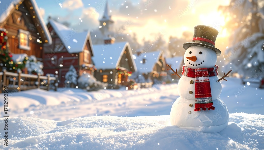 Naklejka premium A cheerful snowman in a snowy village street, adorned with a top hat and scarf, during a winter day