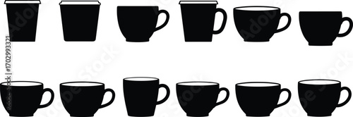 Black and white vector illustration of various coffee cups and takeaway cups in silhouette style for modern cafe branding design.