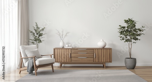 Modern living room interior design with wooden sideboard, armchair, and plants