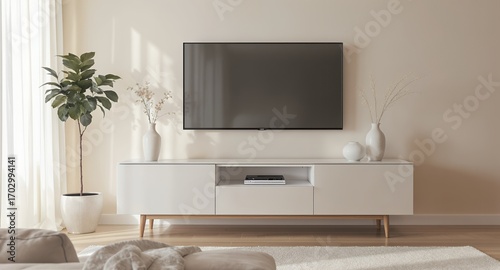 Modern living room interior with flat screen TV, white media console, and plants