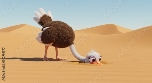 Adorable cartoon ostrich with its head buried in the sand, looking for something in the desert landscape