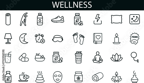 Wellness Icon Set for Self-Care, Sleep, Nutrition, and Mindfulness UI Design