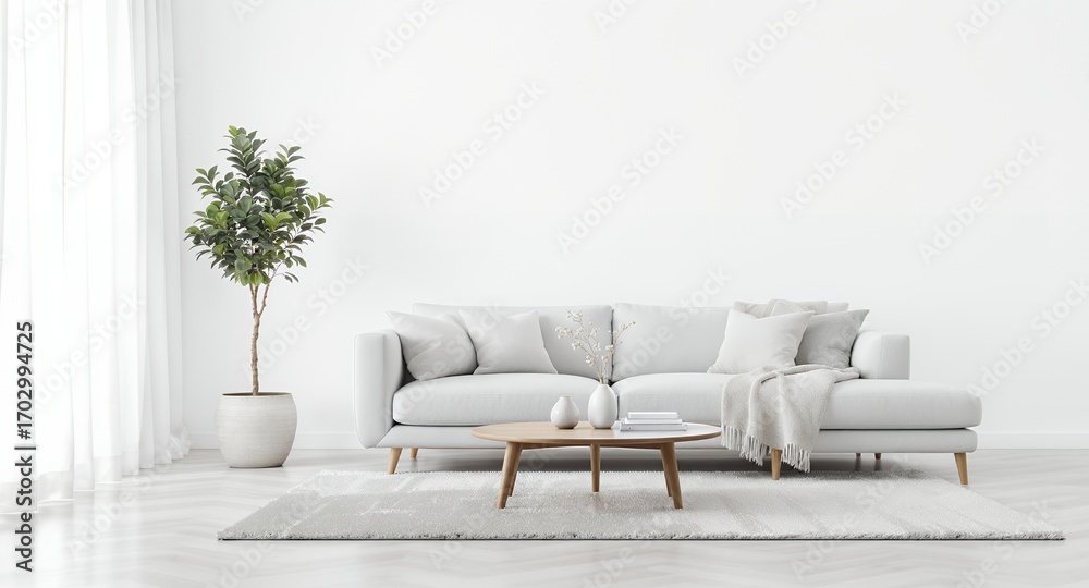 Fototapeta premium Modern minimalist living room interior design with light grey sectional sofa, wooden coffee table, and neutral decor.