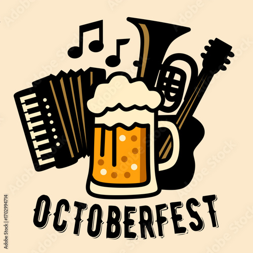 Vintage Style Oktoberfest Elements with Accordion, Guitar, and Refreshing Beer Mug Composition