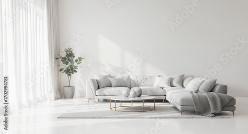 Modern minimalist living room interior design with sectional sofa and coffee table