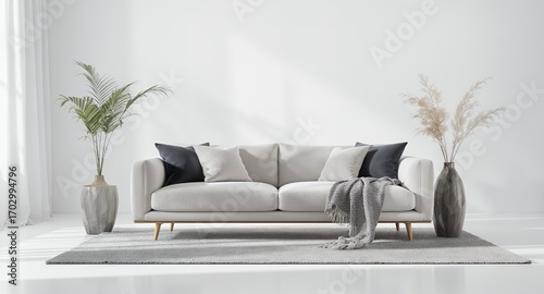 Modern minimalist living room interior design with sofa, plants and rug