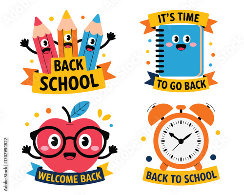 Back to school Cute cartoon characters of pencils notebook apple and alarm clock welcome students back to class