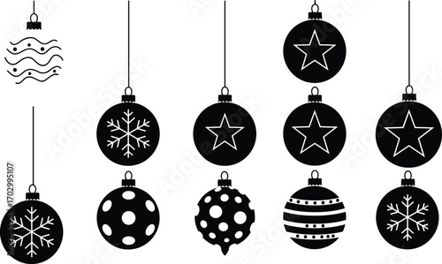Black Christmas baubles set hanging with snowflake, star, polka dot, and wave patterns, festive holiday vector silhouette decorations.