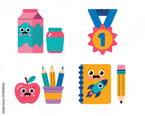 Cute back to school stationery healthy food and medal illustration