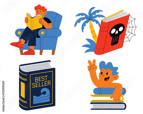 Relaxing reader skull book best-seller novel and playful bookworm a vibrant illustration set for book lovers
