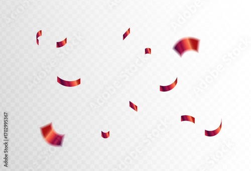 Vibrant red metallic confetti ribbons falling against a transparent backdrop, perfect for festive overlays and celebration designs