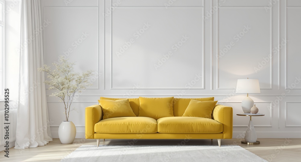 Fototapeta premium Mustard Yellow Sofa in Modern Living Room Interior Design, White Walls, Cozy Home Decor, Elegant Apartment