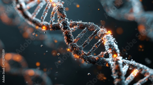 Dynamic 3D visualization of DNA strand glowing with particle effects futuristic biotechnology medical research genetic sequencing healthcare science and molecular discovery